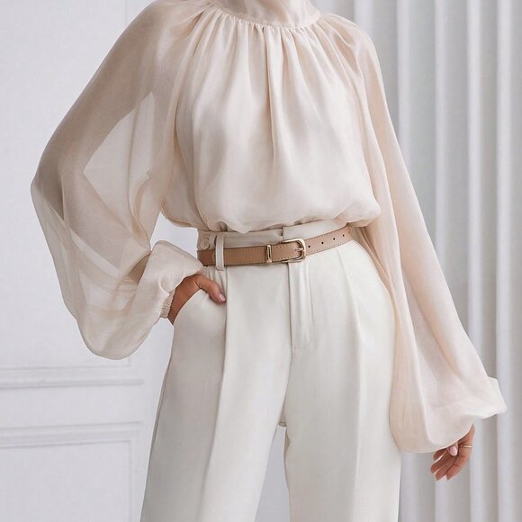 Apricot Casual Women's Solid Color Stand Collar Lantern Sleeve Shirt - Picture 4 of 5